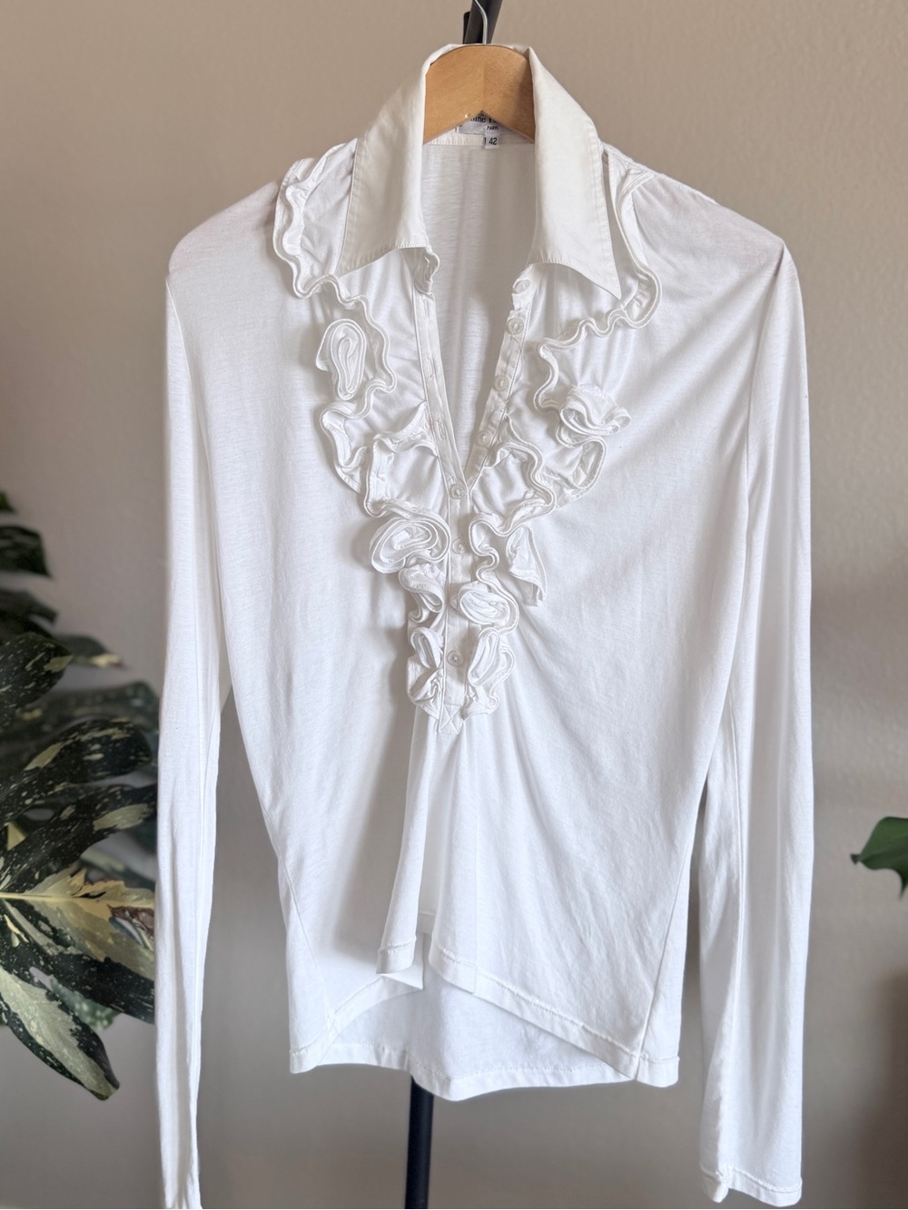 Anne Fontaine White Ruffle-Placket Long Sleeve‎ Blouse